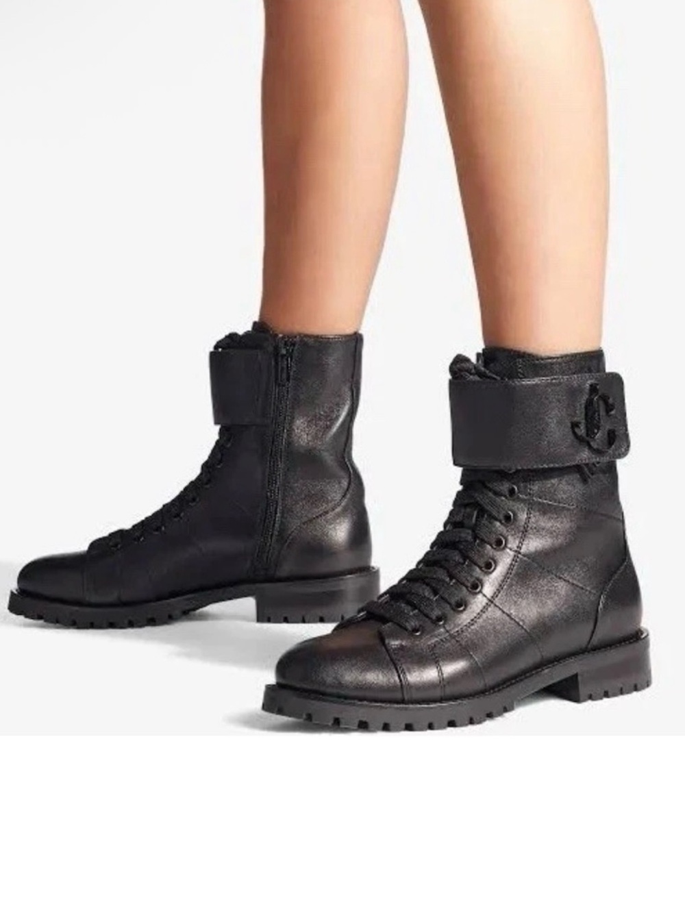 Jimmy Choo Women's Black Lace-Up Combat Boots with Fold-Over Cuff